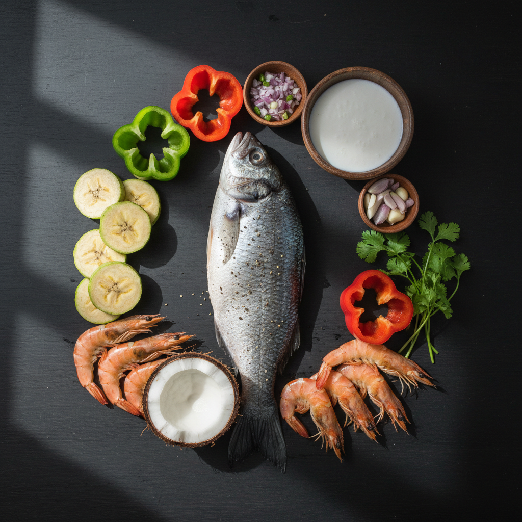 A sophisticated flat lay of authentic Garifuna ingredients for Tapado arranged on a dark, matte wooden table: gleaming whole fish with silvery scales, raw shrimp with translucent shells, thick coins of plantain, split green and red bell peppers, a halved coconut showing creamy white flesh, and small bowls of coconut milk and aromatics. Soft window light from the left creates gentle highlights on the moist seafood and subtle shadows under each element, emphasizing texture. The background remains slightly blurred at the edges, drawing focus to the central ingredients. Photographed from a perfectly overhead, bird’s-eye view with sharp focus throughout, the scene feels editorial and refined, showcasing Livingston’s coastal cuisine in clean, photographic realism.