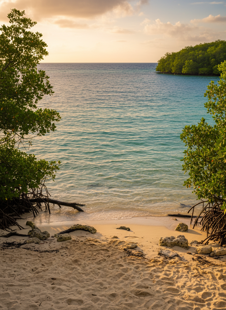 A tranquil Caribbean shoreline in Livingston, Guatemala, with fine pale-gold sand leading to calm, turquoise water that deepens to sapphire near the horizon. Dark, weathered driftwood and smooth coral stones rest near the tideline, while dense emerald mangroves frame the edges of the scene. Late-afternoon golden hour light bathes the bay, casting long, soft shadows and subtle highlights on the rippling surface. Photographed from a low, eye-level perspective with a wide lens, the composition follows the rule of thirds, emphasizing sky, sea, and shore. The mood is sophisticated yet relaxed, evoking quiet discovery, with photographic realism and rich, natural colors that feel both polished and authentic.