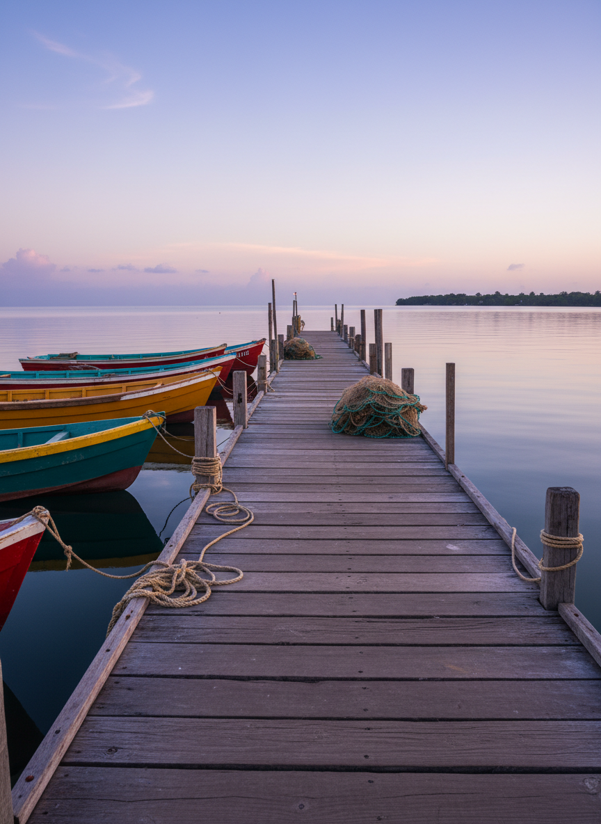 A polished wooden pier in Livingston stretching into calm, glassy Caribbean water, with brightly painted wooden boats moored along one side in rich teal, mustard, and crimson tones. Weathered ropes and neatly coiled nets rest on the planks, their textures detailed and tactile. The early morning sky is a soft gradient of lavender and pale blue, reflected in the water’s surface. Diffused natural light creates a serene, contemplative atmosphere with minimal harsh shadows. Shot from a slightly elevated angle facing down the length of the pier, the composition draws the eye toward the distant, tree-lined shore. The photographic realism is clean and sophisticated, emphasizing subtle color contrasts and a sense of anticipation before a day of exploration.