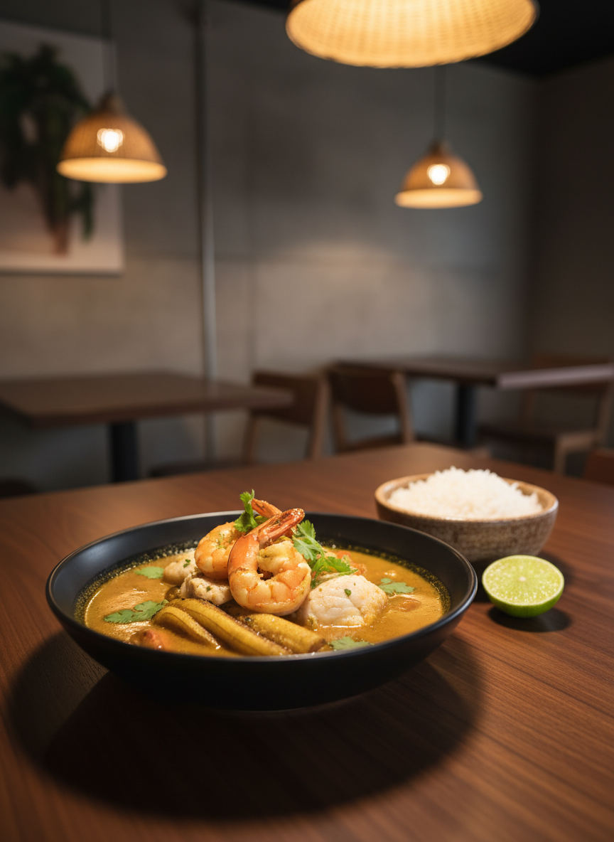 A refined evening scene of a Tapado seafood stew served in a deep, matte-black ceramic bowl placed on a smooth, dark wooden table in a minimalist Caribbean eatery. The broth is a rich golden-coconut color, cradling whole prawns, pieces of fish, plantain slices, and green herbs, each ingredient visibly distinct. A wedge of lime and a side of white rice in a small stoneware bowl sit nearby. Warm pendant lighting from above creates gentle, focused illumination, producing delicate highlights on the glossy surface of the stew and soft shadows beneath the tableware. Shot at a slightly elevated angle with subtle bokeh in the background, the atmosphere is elegant, inviting, and gastronomic, captured with crisp photographic realism.
